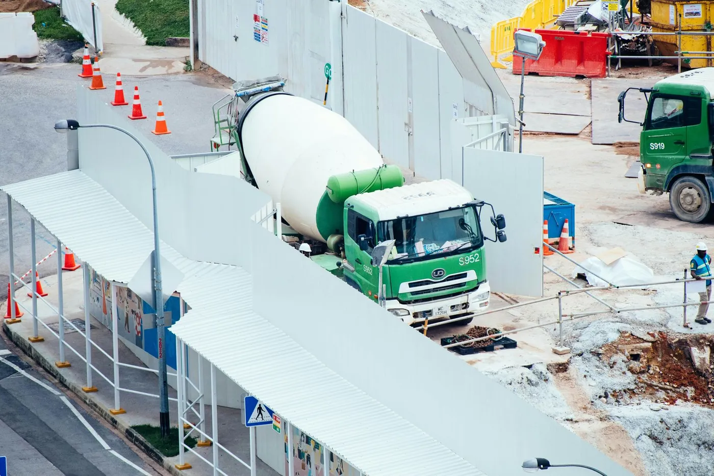Concrete mixer truck at a building site
